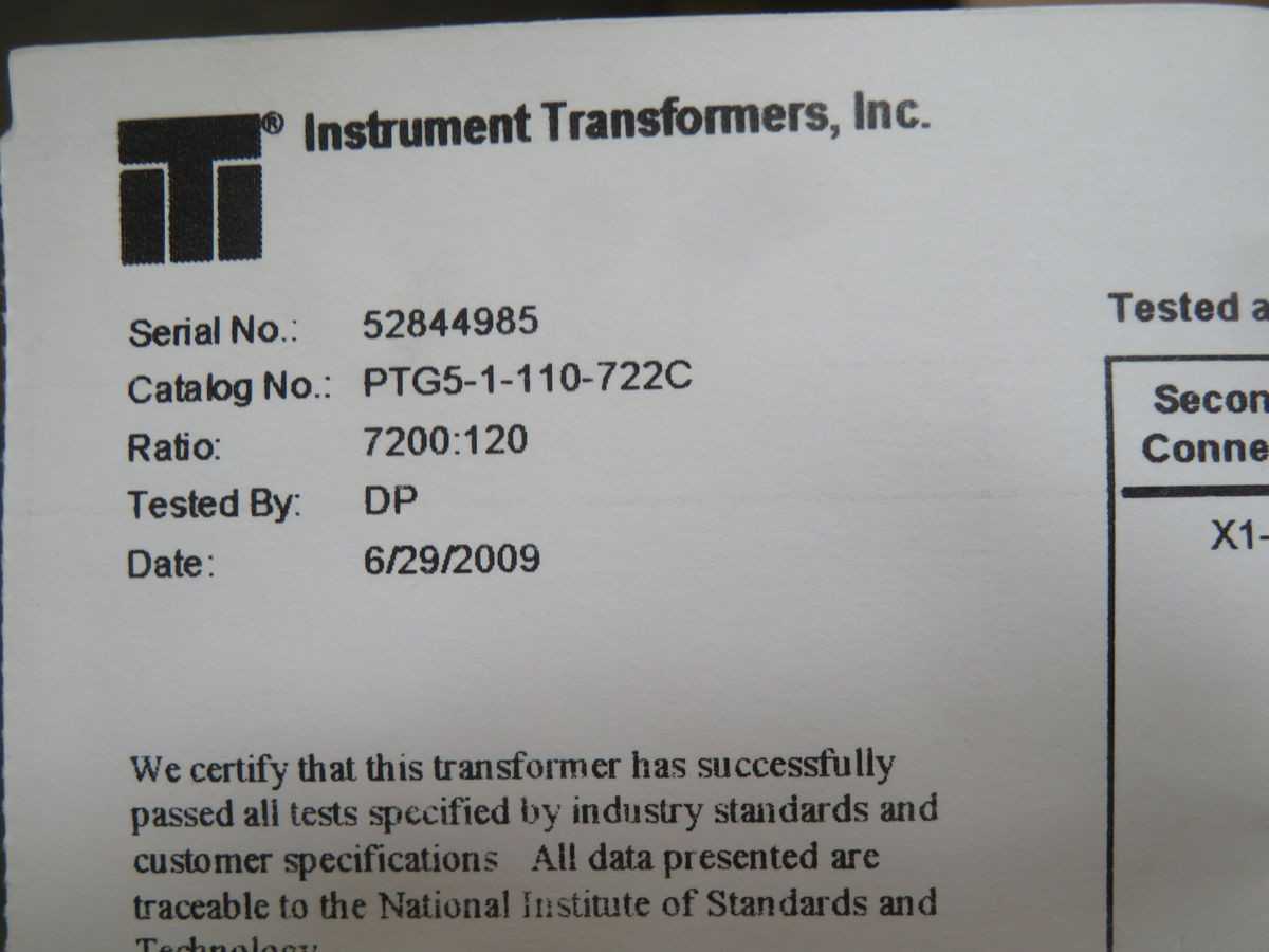 GE PTG5-1-110-722C VOLTAGE TRANSFORMER, 115000/√3V PRI V, 115V SEC V, 60 HZ, 550 KV BIL, 750 VA - MACHINING ACCESSORIES & TOOLING