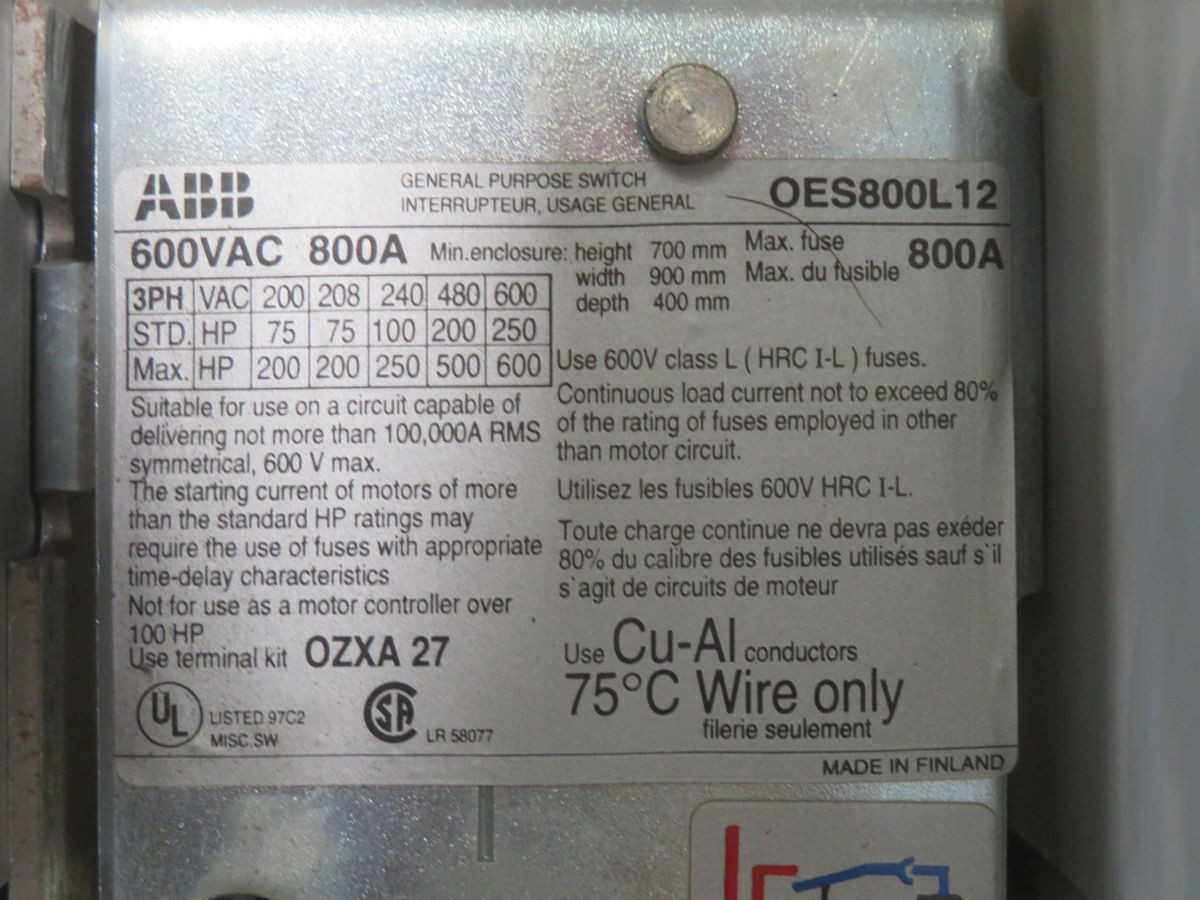 ABB OES800L12 3-POLE FUSIBLE DISCONNECT SWITCH T269542 - DISCONNECT SWITCHES
