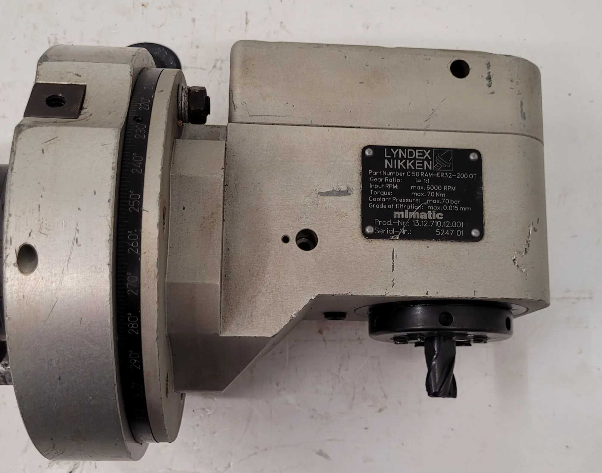LYNDEX NIKKEN C50 RAM-ER32-200 0T RIGHT ANGLE HEAD CAT 50 MIMATIC TOOLING MAX RPM 6000 - MACHINING TOOLING & PARTS
