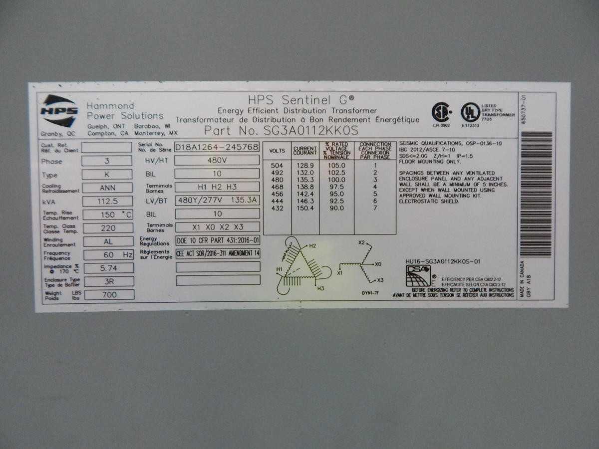 HAMMOND HPS SENTINEL G POWER TRANSFORMER, 112.5 KVA, 3PH, 480V/480Y/277V VOLTAGE, 60HZ, 220C INS/150C RISE, NEMA 3R - POWER TRANSFORMERS