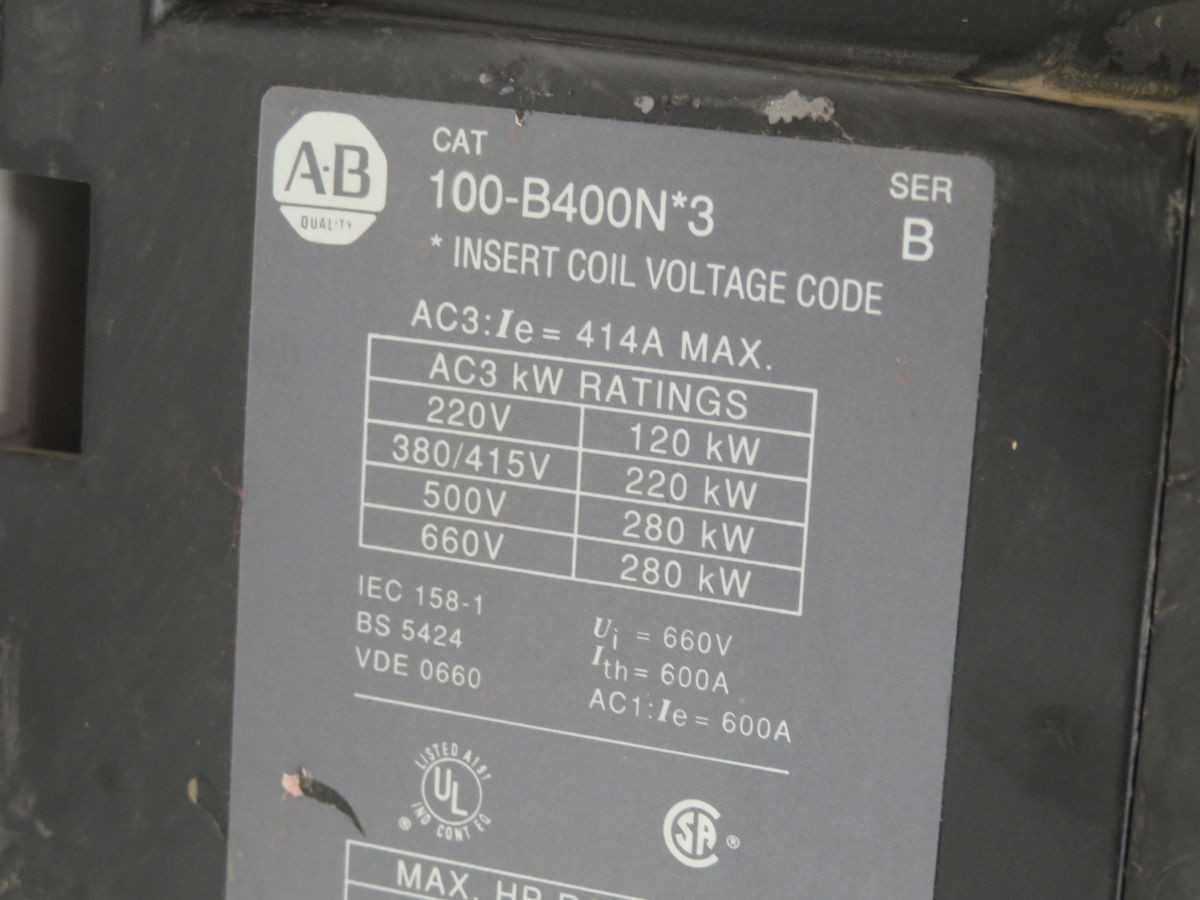 ALLEN BRADLEY 100-B400NB3 CONTACTORS, 3-POLE, 400A AC-3 CURRENT, 440/480V AC COIL - CONTACTORS