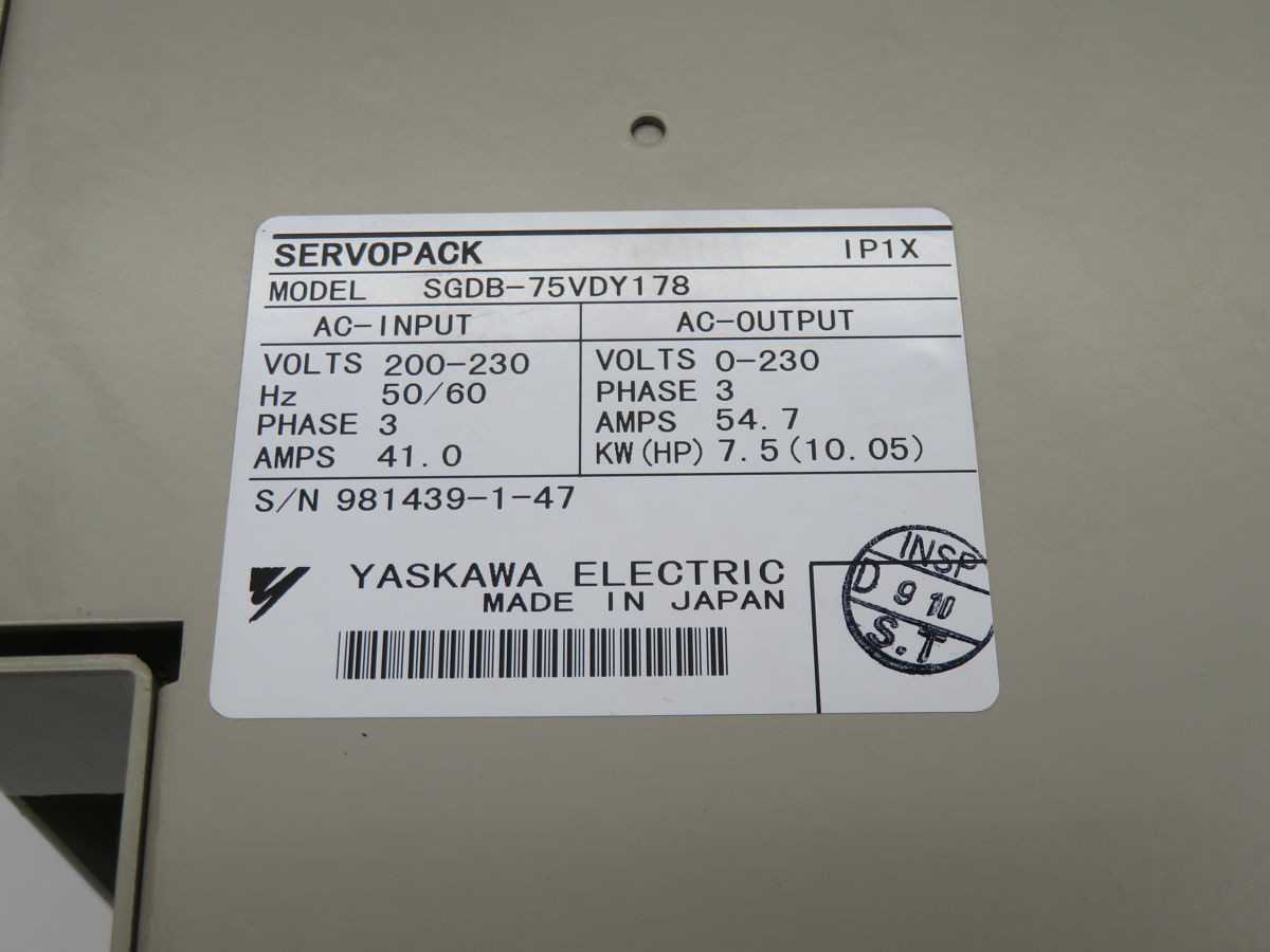 YASKAWA SGDB-75VDY178 SERVO DRIVES, 7.5 KW POWER, 3-PH 220-230 VAC INPUT, 54.7 A OUTPUT - SERVO