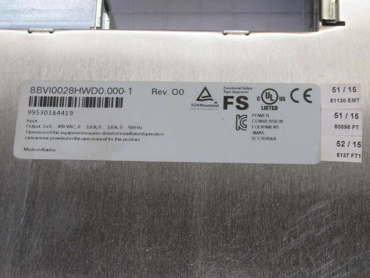 B&R 8BV10028HWD0.000-1 INVERTER, 2 AXIS, 24 VDC OUT, 750 VDC BUS, 3.8A CURRENT, IP20 - PLC MODULES