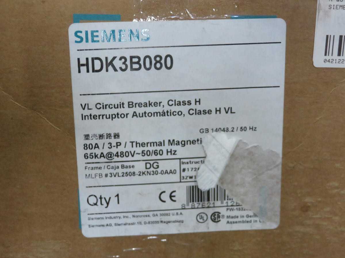 Siemens Hdk3b080 Breaker, 80 A Current, 480 Vac Voltage, 65 Kaic Interrupting Capacity - CIRCUIT BREAKERS