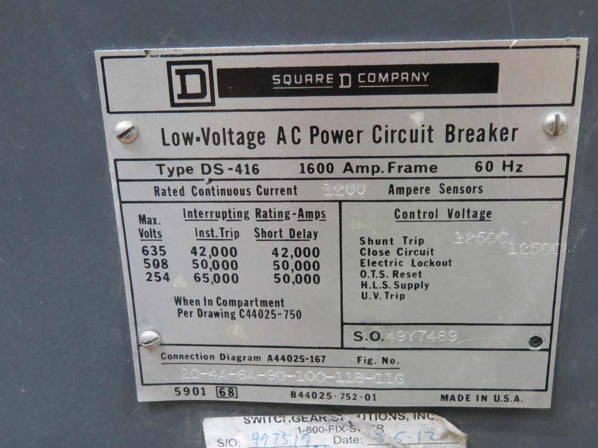 Square D DS-416 Circuit Breaker, 1600A Frame, 60Hz Freq, 600VAC Max V, 1600A Cont Current - CIRCUIT BREAKERS