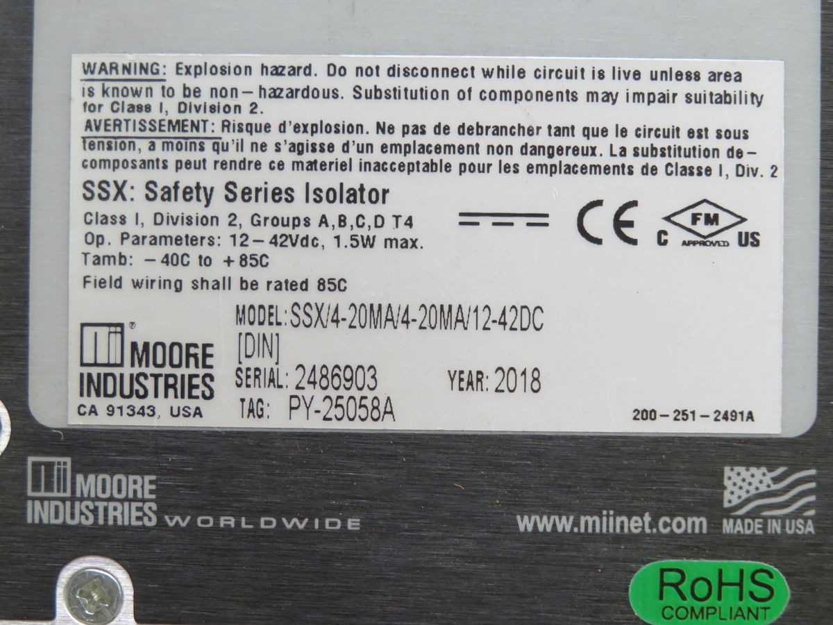 MOORE PY-25058A SSX/4-20MA/4-20MA/12-42DC FUNCTIONAL SAFETY ISOLATOR T262549 - AUTOMATION & CONTROLS