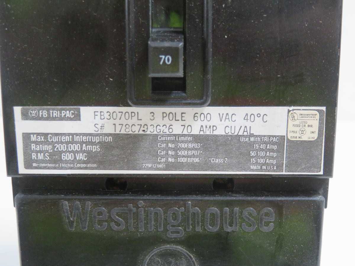 Westinghouse FB3070PL Circuit Breaker, 3 Poles, 70A Current, 600V Voltage, 14kA Ic, 40C Cal - CIRCUIT BREAKERS
