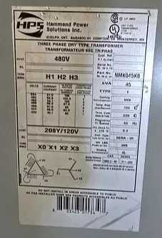HPS NMK045KB 45 KVA 480V TO 208Y/120V 3-PHASE VENTILATED TRANSFORMER NEMA 3R - MACHINE TOOLING