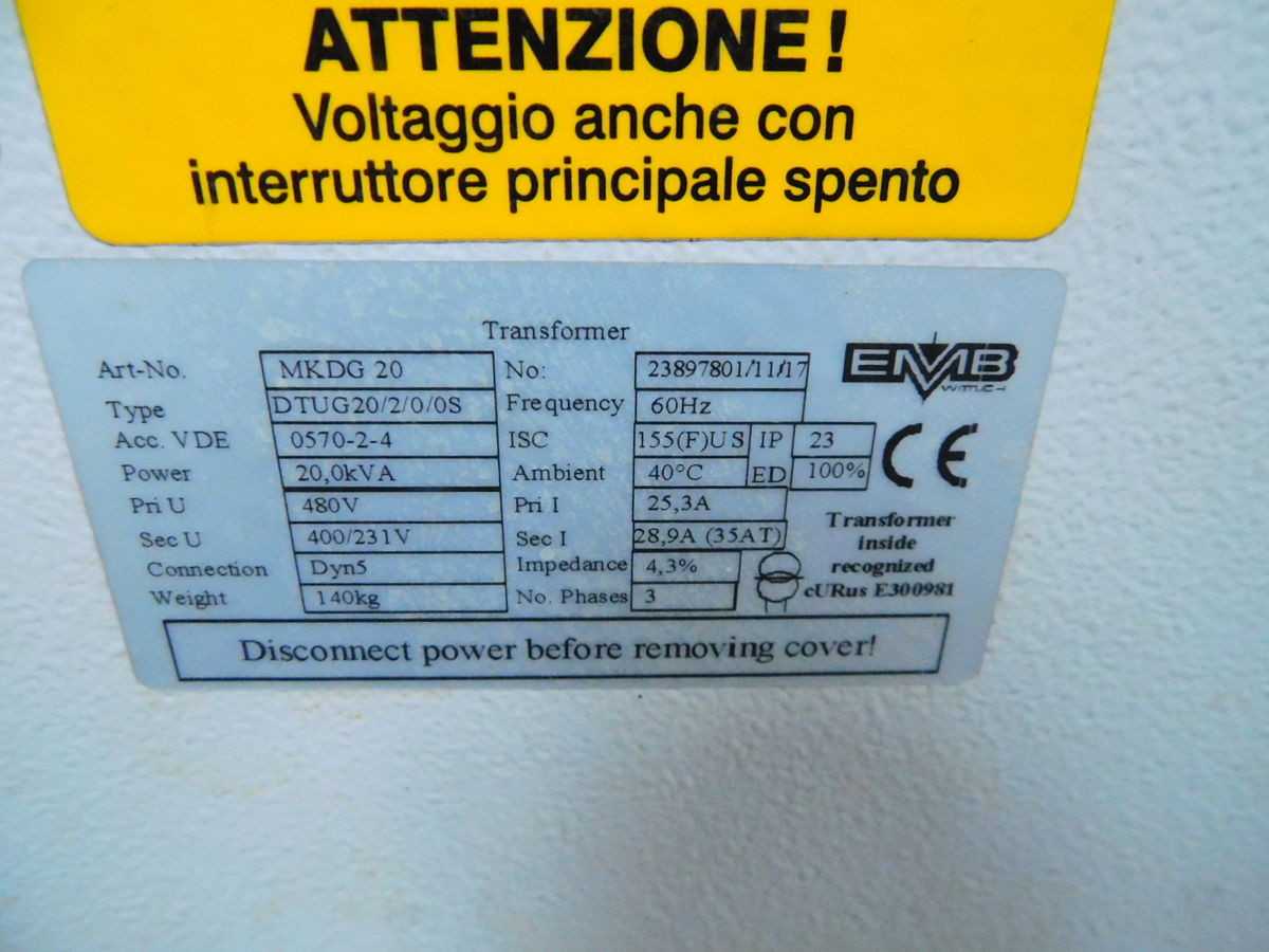 EMB MKDG 20 POWER/ISOLATION TRANSFORMER PRI.480 SEC.400/231V 3PH 20.0KVA M7527 - DRY TRANSFORMERS