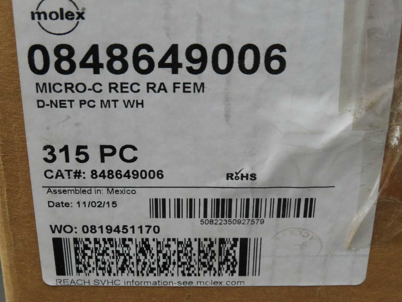 LOT OF 300 MOLEX 0848649006 CIRCULAR METRIC CONNECTORS MICROCHANGE REC 5P RA FEM W/OUT LEADS - PLUGS & RECEPTACLES