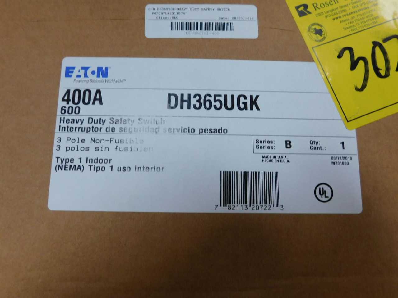 EATON DH365UGK DISCONNECT SWITCHES, 3P, 400A CURRENT, 600VAC/250VDC VOLTAGE, 250HP POWER - SWITCHES