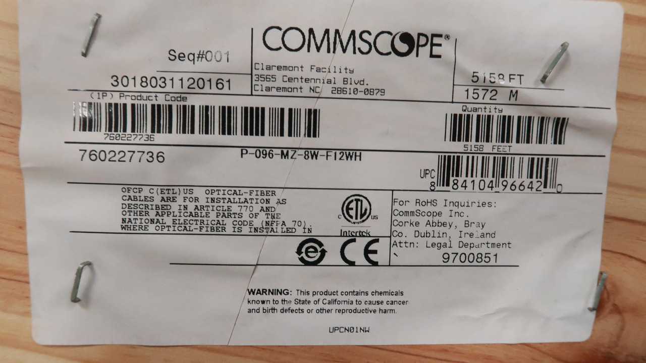 COMMSCOPE P-096-MZ-8W-F12WH SM FIBER OPTIC CABLE, 96 FIBER, 11.7 MM OD, OS2 G.652.D - FIBER OPTIC CABLE