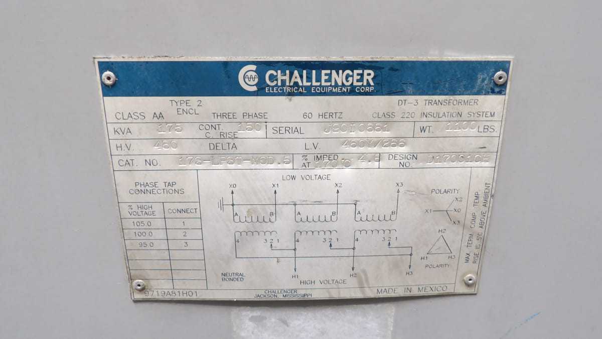 CHALLENGER 173-LP3T-MOD.5 XFMR, 3-PHASE, 175 KVA, 460V DELTA PRI, 460V WYE SEC, 266V LN - DRY TRANSFORMERS