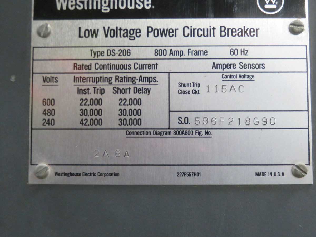 WESTINGHOUSE DS-206 LV POWER CB, 3-POLE, 800A CONT, 600VAC MAX, 30KA INTERRUPT, DRAW-OUT - CIRCUIT BREAKERS