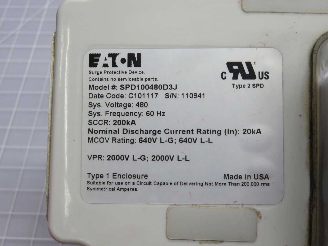 EATON SPD100480D3J Surge Suppressor, 480V 3-Phase, 200KA Surge, 20KA In, 200 KAIC SCCR - SURGE SUPPRESSOR