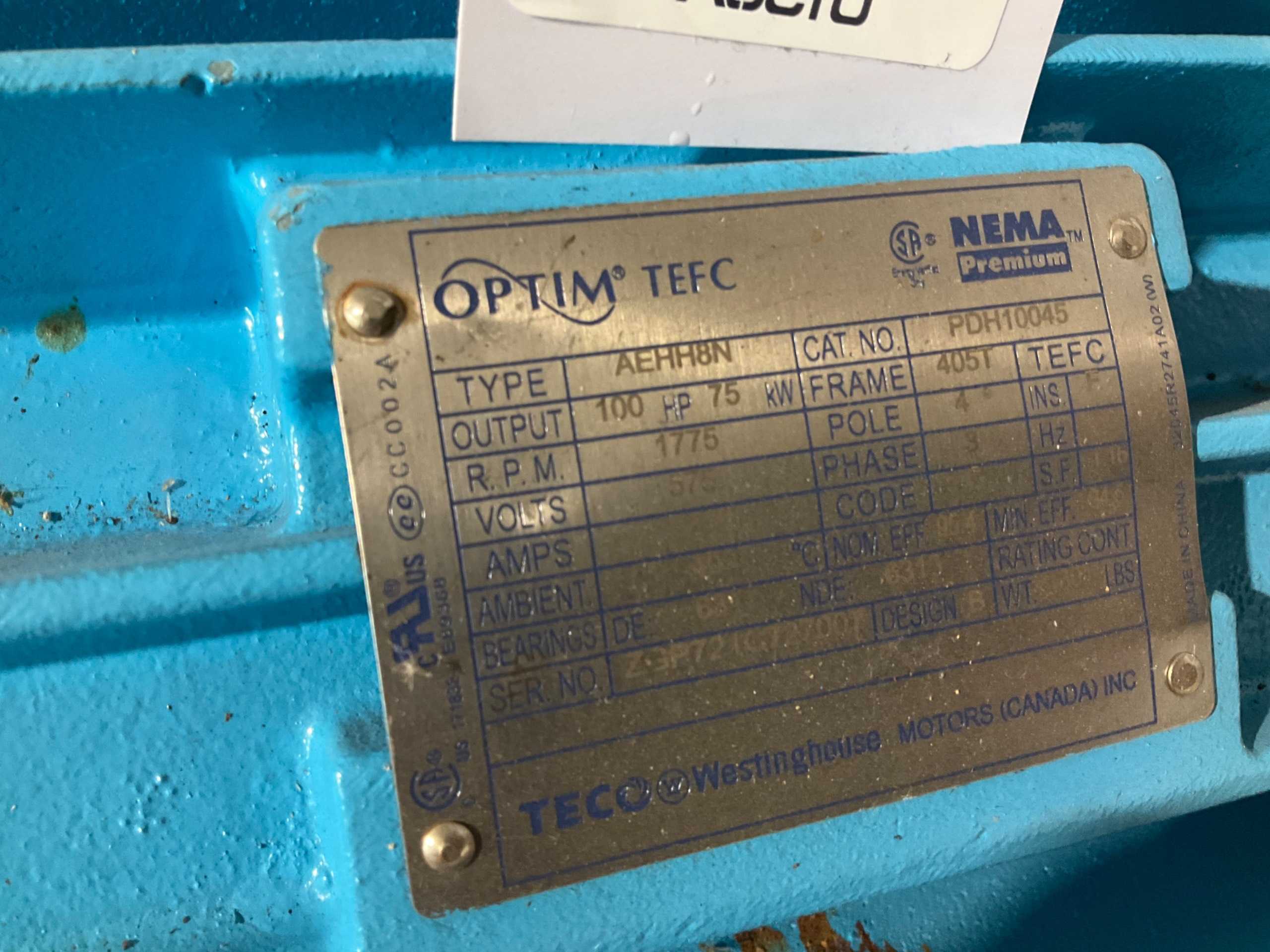 Teco-Westinghouse PDH10045 AC Motor, 100 HP, 1800 RPM, 575V, 3PH, 405T Frame, Tefc, 95.4% Eff - AC MOTOR