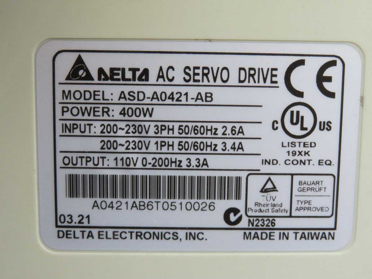DELTA ELECTRONICS ASD-A0421-AB SERVO DRIVE, 400W POWER, 200-230V INPUT, 110V OUTPUT, 3.3A OUT - AC VFD DRIVES