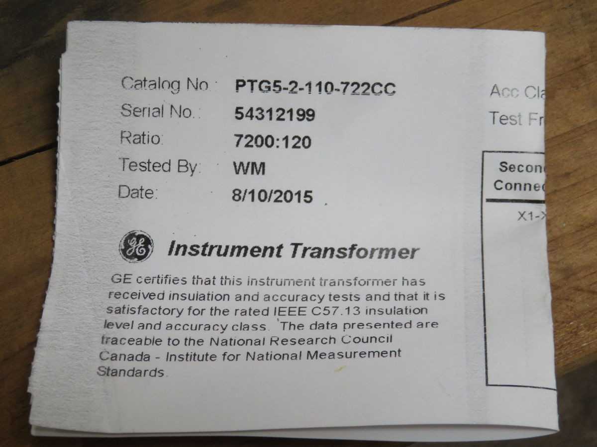 GE PTG5-2-110-722CC,OTHER TRANSFORMERS,7200V PRI,120V SEC,110KV BIL,60HZ,0.3 ACCURACY - MACHINING ACCESSORIES & TOOLING