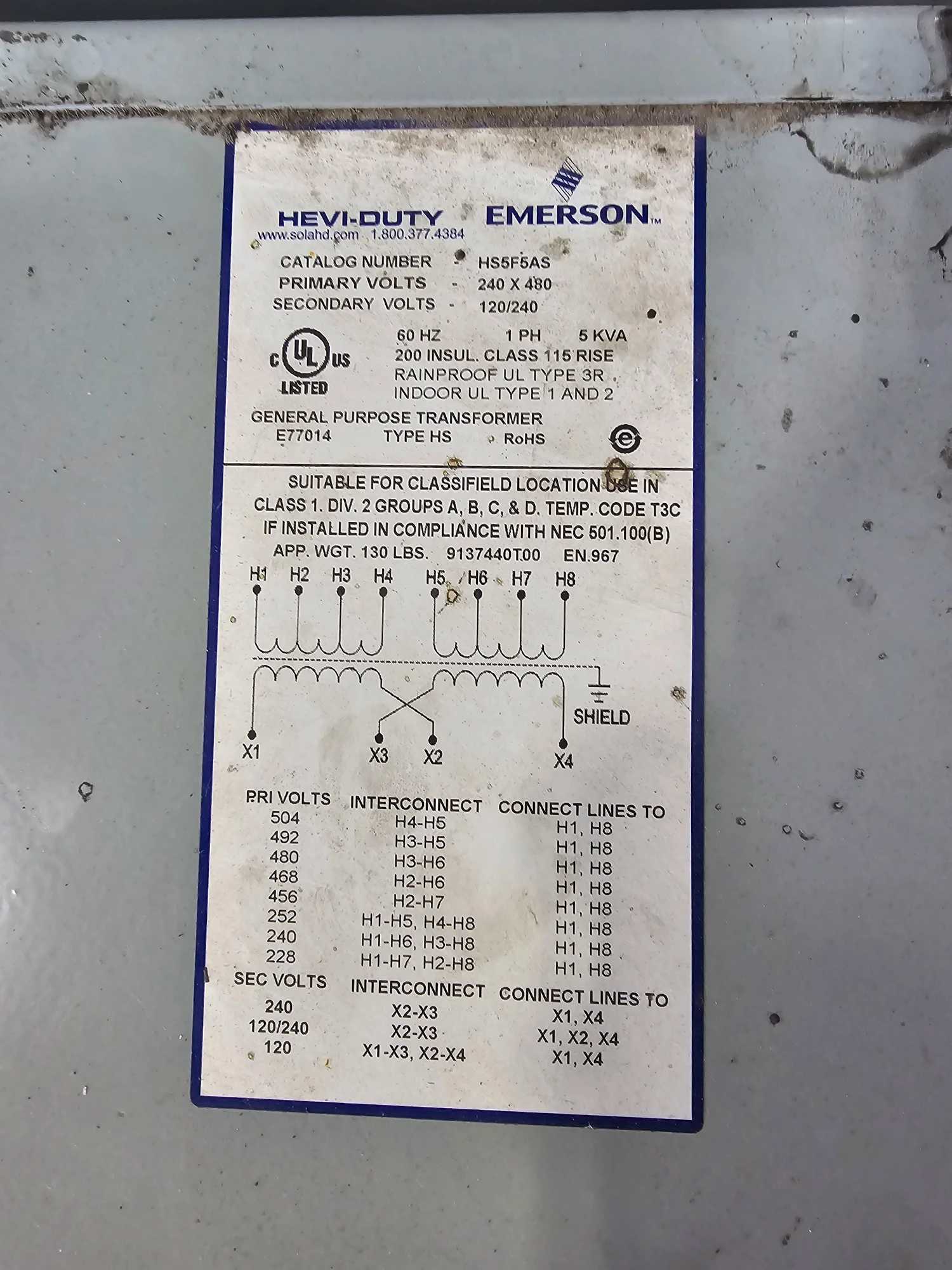 EMERSON SOLA HD HS5F5AS 5KVA 1 PHASE ENCAPSULATED NON-VENTILATED TRANSFORMER - MACHINING TOOLING & PARTS