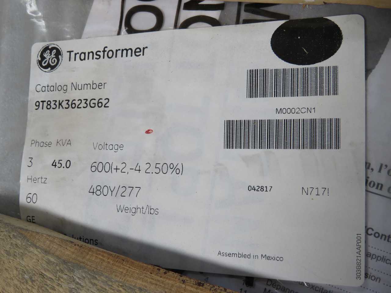 GE 9T83K3623G62 TRANSFORMER, 45 KVA, 3PH, 60HZ, 600V P, 480Y/277V S, 220C INS, 150C RISE - DRY TRANSFORMERS