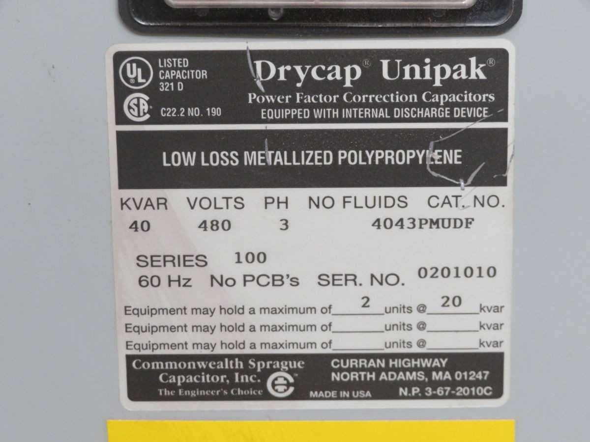 UNIPAK 4043PMUDF POWER FACTOR CORRECTION CAPACITOR T262615 - POWER TRANSFORMERS