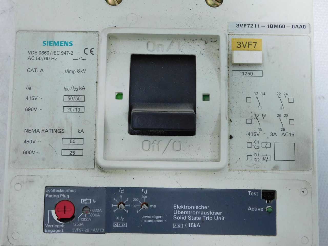 Siemens 3VF7211-1BM60-0AA0 CB, 3 Poles, 690 Vac Voltage, 60 A Current, 8 Kv Uimp, 10 Ka Icu @ 690V - CIRCUIT BREAKERS