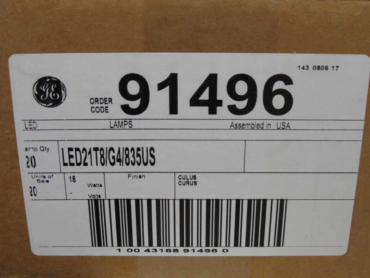 LOT OF 1200 GE 91496 LED21T8/G4/835US
 T8 18 WATT LED STRAIGHT TUBE 48 INCH MEDIUM BI-PIN (G13) 3500K GLASS EXTERNAL DRIVER - LIGHTING
