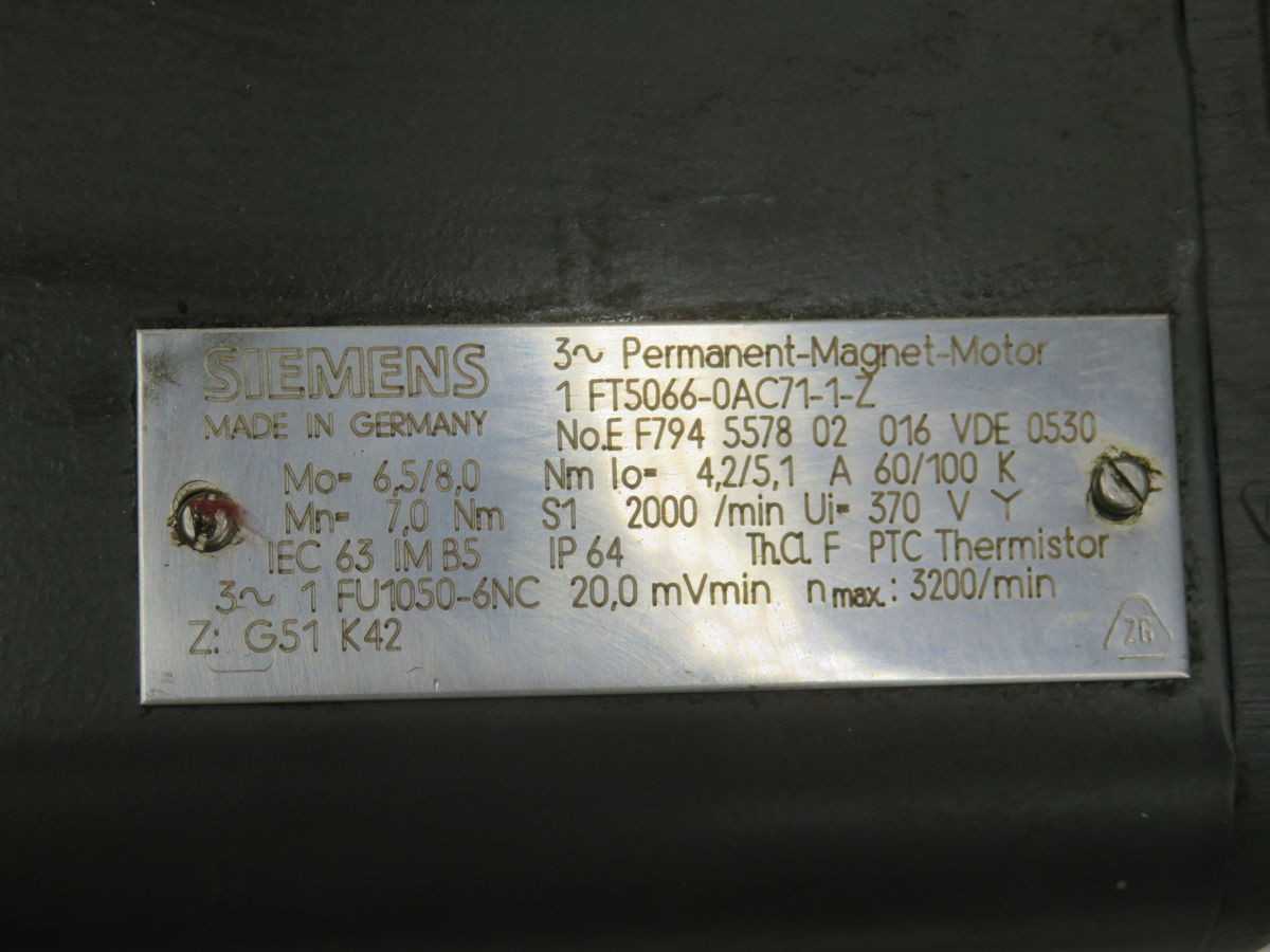Siemens 1 FT5066-0AC71-1-Z Servo Motors, 8.0 Nm Torque, 2000 Rpm Speed, 600V Dc Link - SERVO MOTORS
