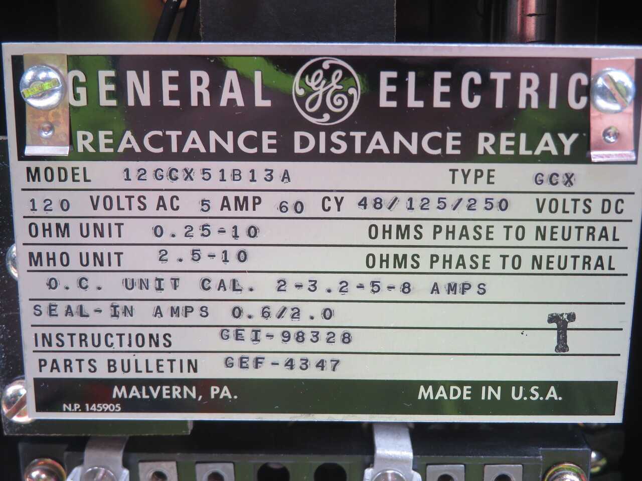 GE 12GCX51B13A RELAYS, 120 VAC NOMINAL, 5 A RATED, 60 HZ, 48/125/250 VDC CONTROL - ELECTRICAL COMPONENTS