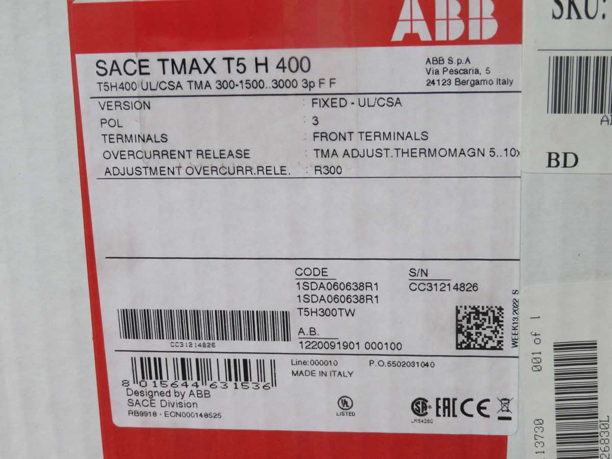 ABB T5H300TW CIRCUIT BREAKER, 3-POLE, 300A CURRENT, 70KA BREAKING CAP, 690V OP VOLT - CIRCUIT BREAKERS