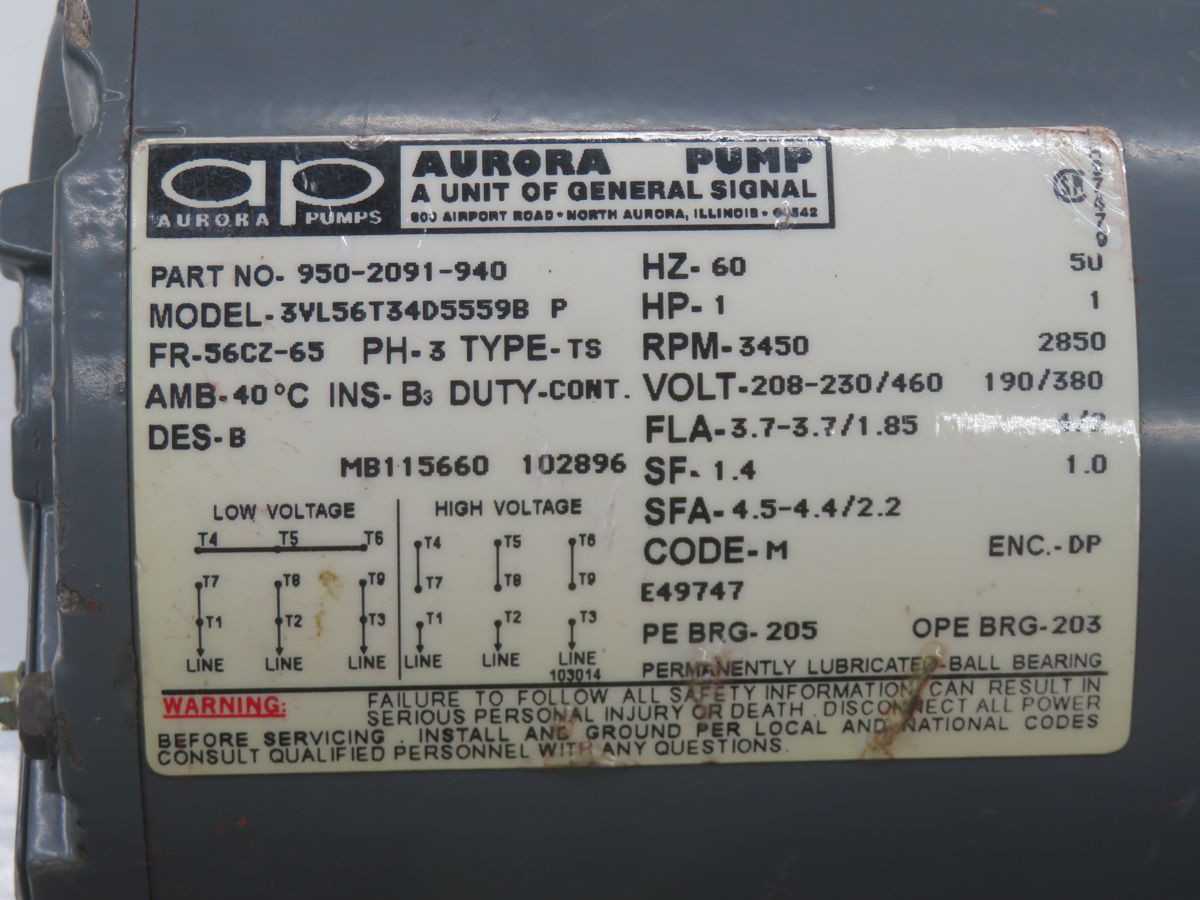 AURORA 950-2091-940 3VL56T34D5559B PUMP MOTOR T265590 - PUMPS
