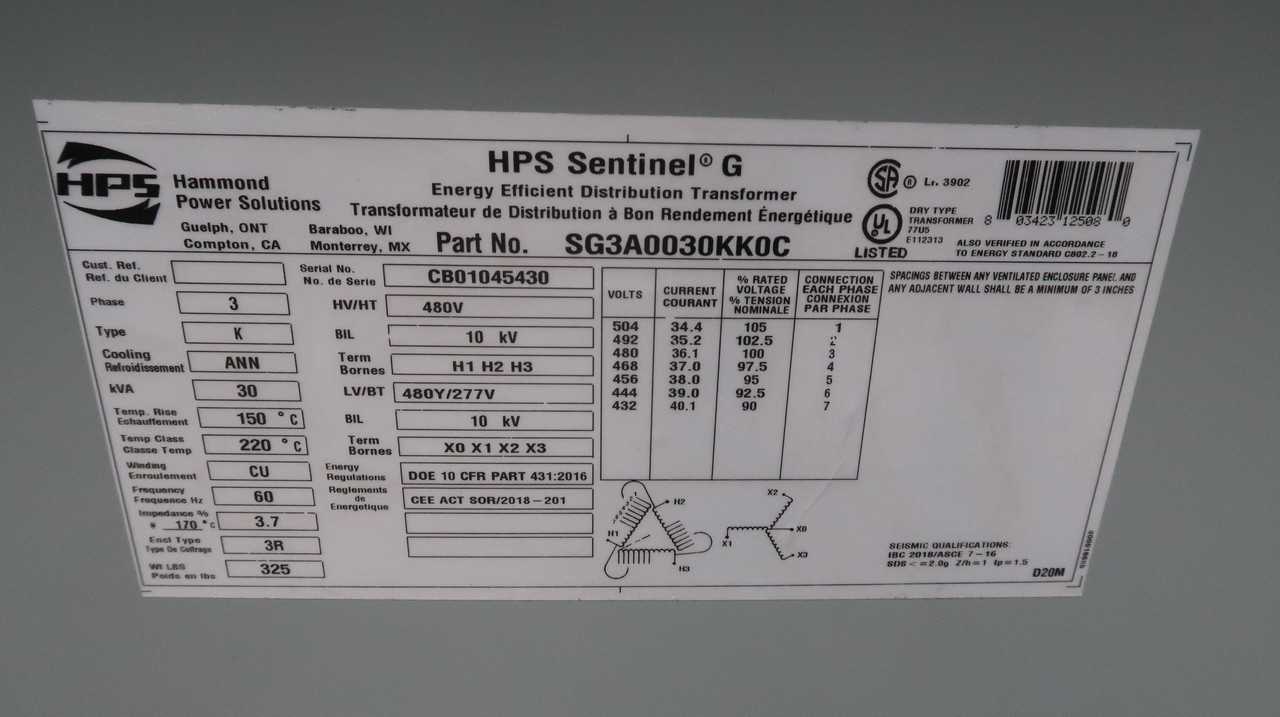 HAMMOND POWER SOLUTIONS SG3A0030KK0C, 30 KVA RATING, 3-PHASE, 480V PRI, 480Y/277V SEC - POWER TRANSFORMERS