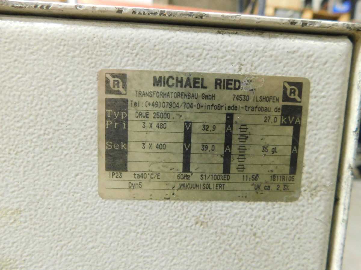 Michael Ried Drue 25000 Power Transformer 27 kVA Pri. 480V, Sec. 400V, 3-Phase M6421 - POWER TRANSFORMERS