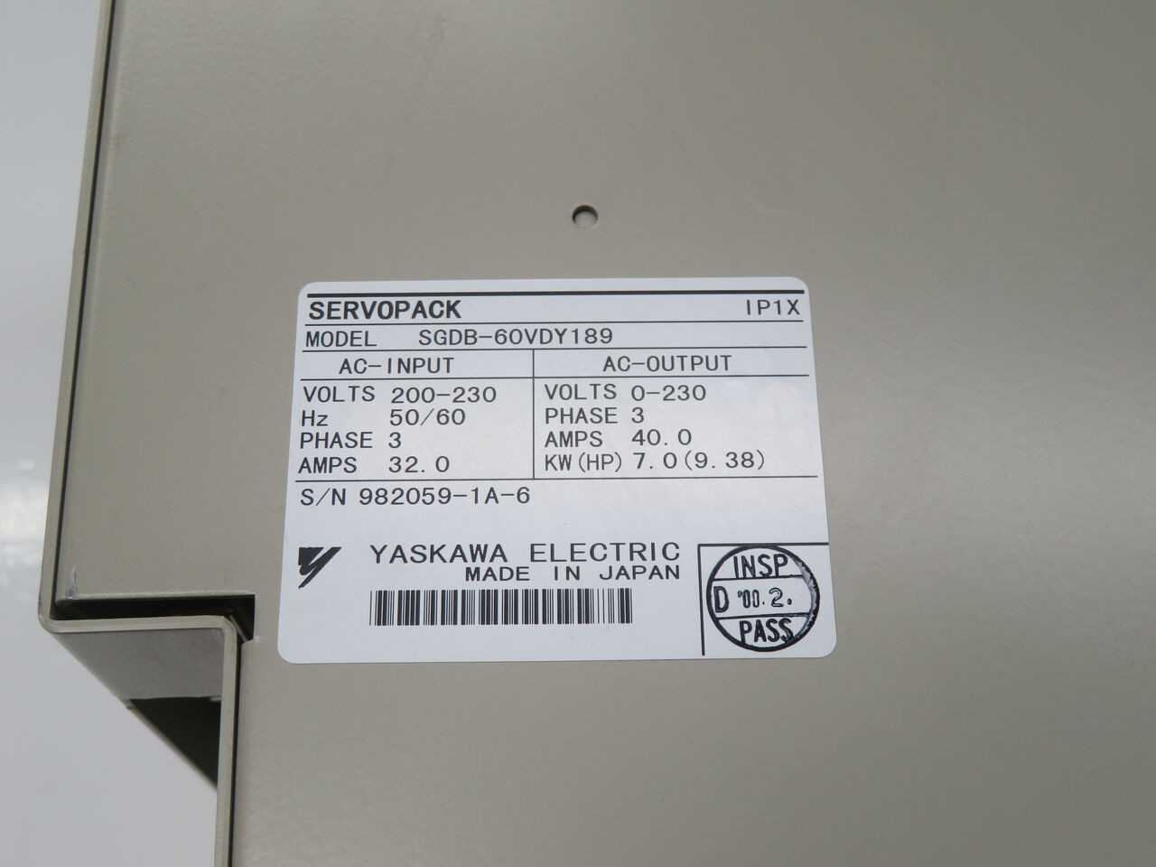 YASKAWA SGDB-60VDY189 SERVOPACK DRIVE, 200-230VAC INPUT, 32A INPUT, 40A OUTPUT, 0-55C TEMP - SERVO
