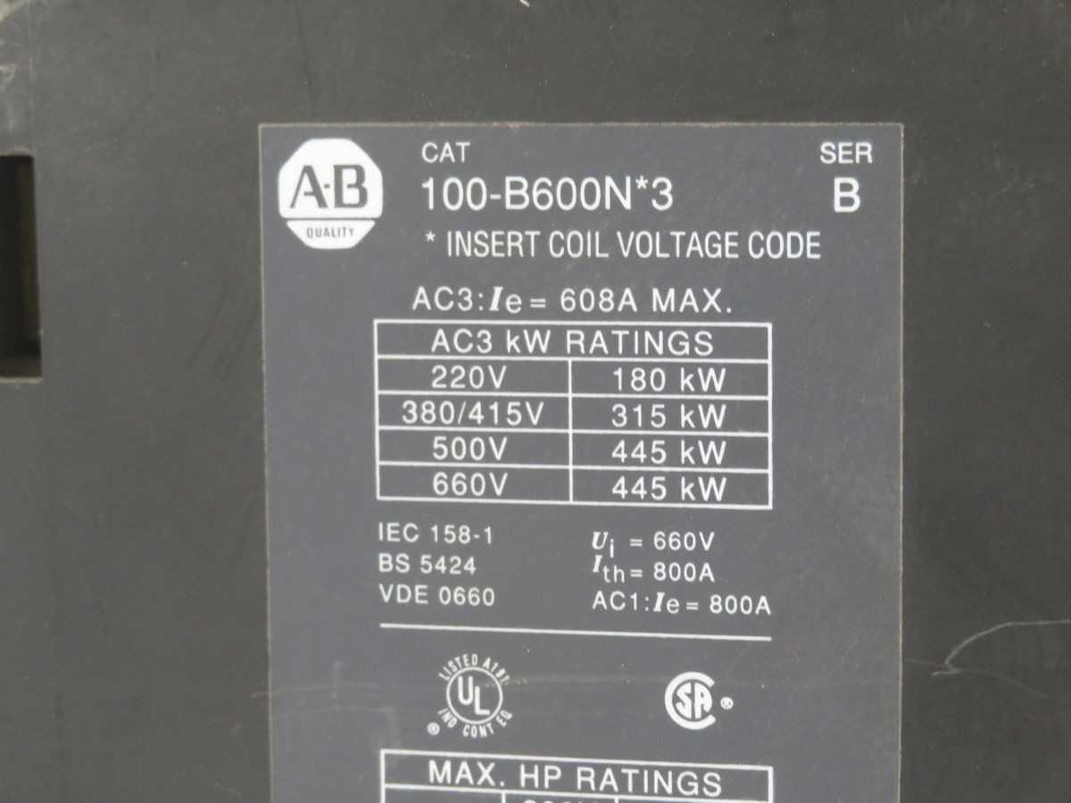 ALLEN BRADLEY 100-B600N*3 CONTACTORS, 3 POLES, 608A CURRENT, 690V VOLTAGE, 400 KW POWER - CONTACTORS