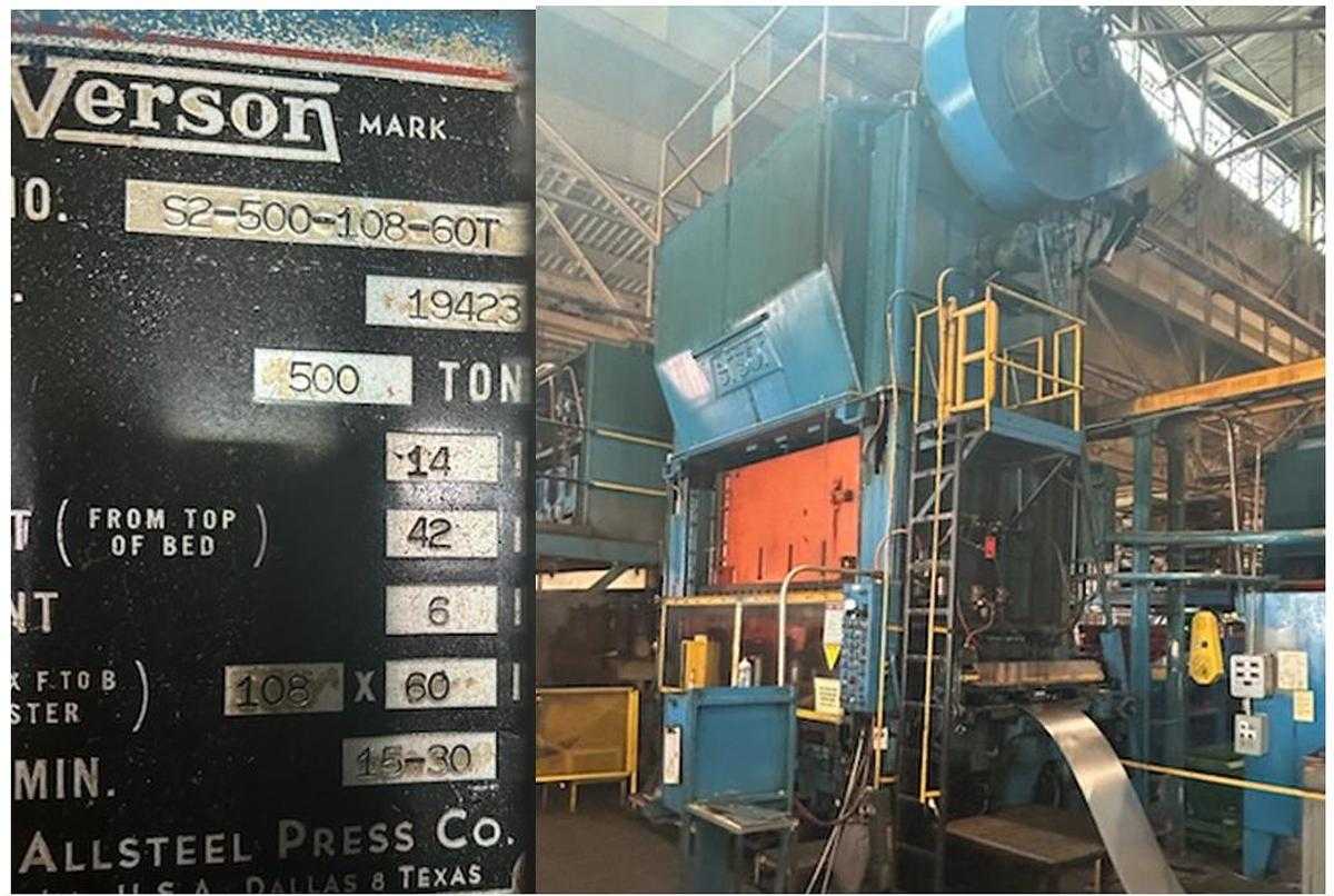 1970 VERSON S2-500-108-60 SSDC PRESS, 500 TON, 108" X 60" BED, 14" STROKE, 15-30 SPM - MECHANICAL STAMPING PRESSES