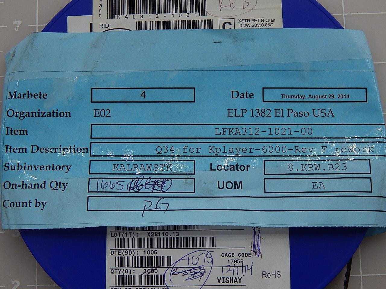 Lot of 1600 Vishay LFKA312-1021-00 SI1300BDL-T1-E3 MOSFET 20V 0.4A 0.2W 0.85OHM @ 4.5V - HYDRAULIC SPOOL VALVE MOTOR