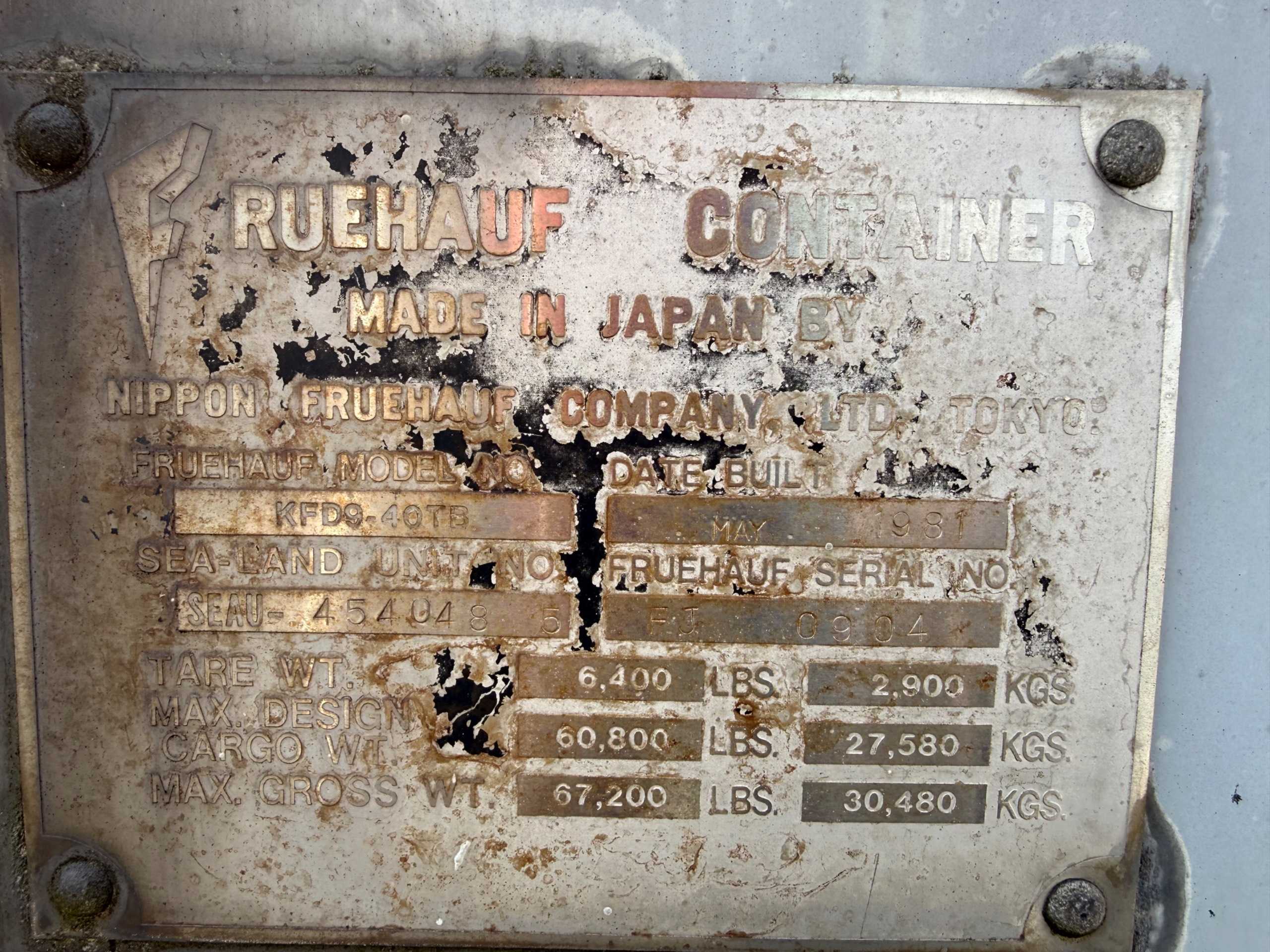 1981 Nippon Fruehauf KFD9-40TB-2 Shipping Container 67,200 lb Gross, 60,800 lb Payload - SHIPPING CONTAINERS