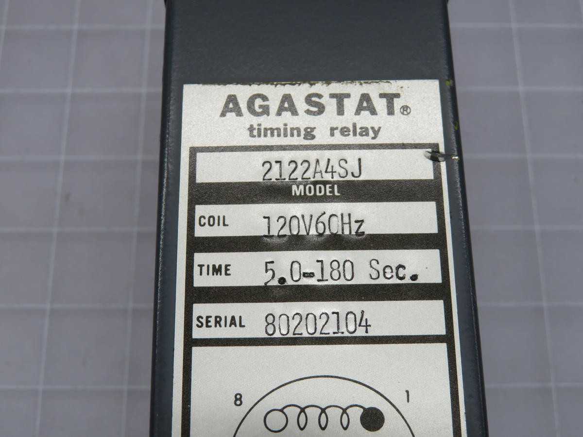 AGASTAT 2122A4SJ TIME DELAY RELAY, 120V-AC, DELAY-ON-MAKE, 5-180 SEC RANGE, DPDT, 10A RATING - TIME DELAY RELAY