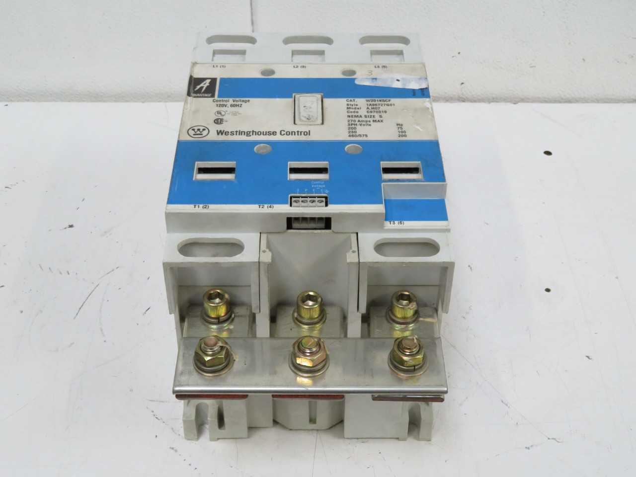 WESTINGHOUSE W201K5CF A.H07 CONTACTOR, NEMA 5, 540A CURRENT, 200 HP, 120V AC COIL - CONTACTORS