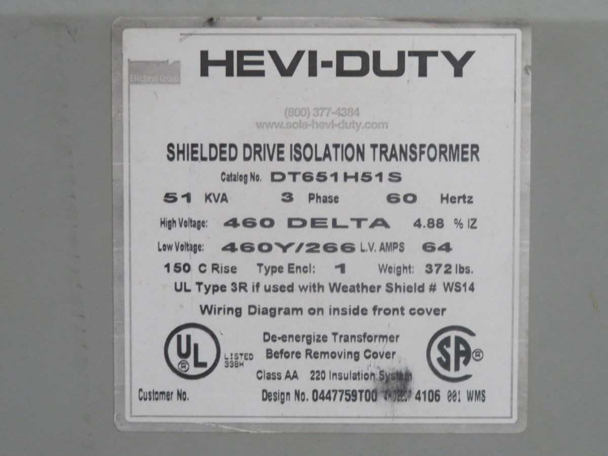 SOLA HD DT651H51S TRANSFORMER, 3PH, 60HZ, 51 KVA, 460V PRI, 460Y/266V SEC, SHIELDED, 220C INS - DRY TRANSFORMERS