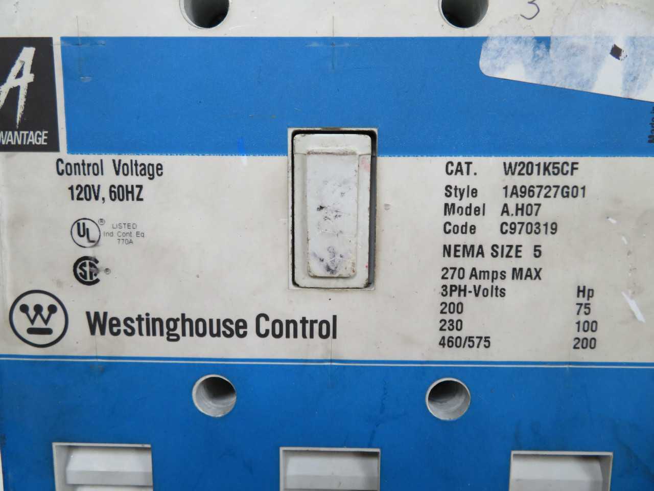 WESTINGHOUSE W201K5CF A.H07 CONTACTOR, NEMA 5, 540A CURRENT, 200 HP, 120V AC COIL - CONTACTORS