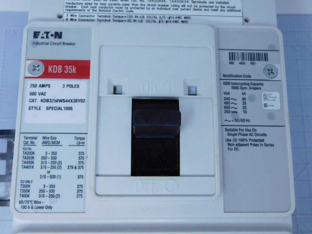 EATON KDB3250WS44X38Y02 CIRCUIT BREAKER, 250A CURRENT, 600V VOLTAGE, 35KA INT @600V - CIRCUIT BREAKERS