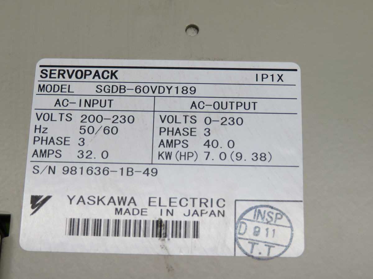 Yaskawa SGDB-60VDY189 Servo Drives, 200-230V Input, 7.0 kW Power, 40.0 A Output Current - SERVO