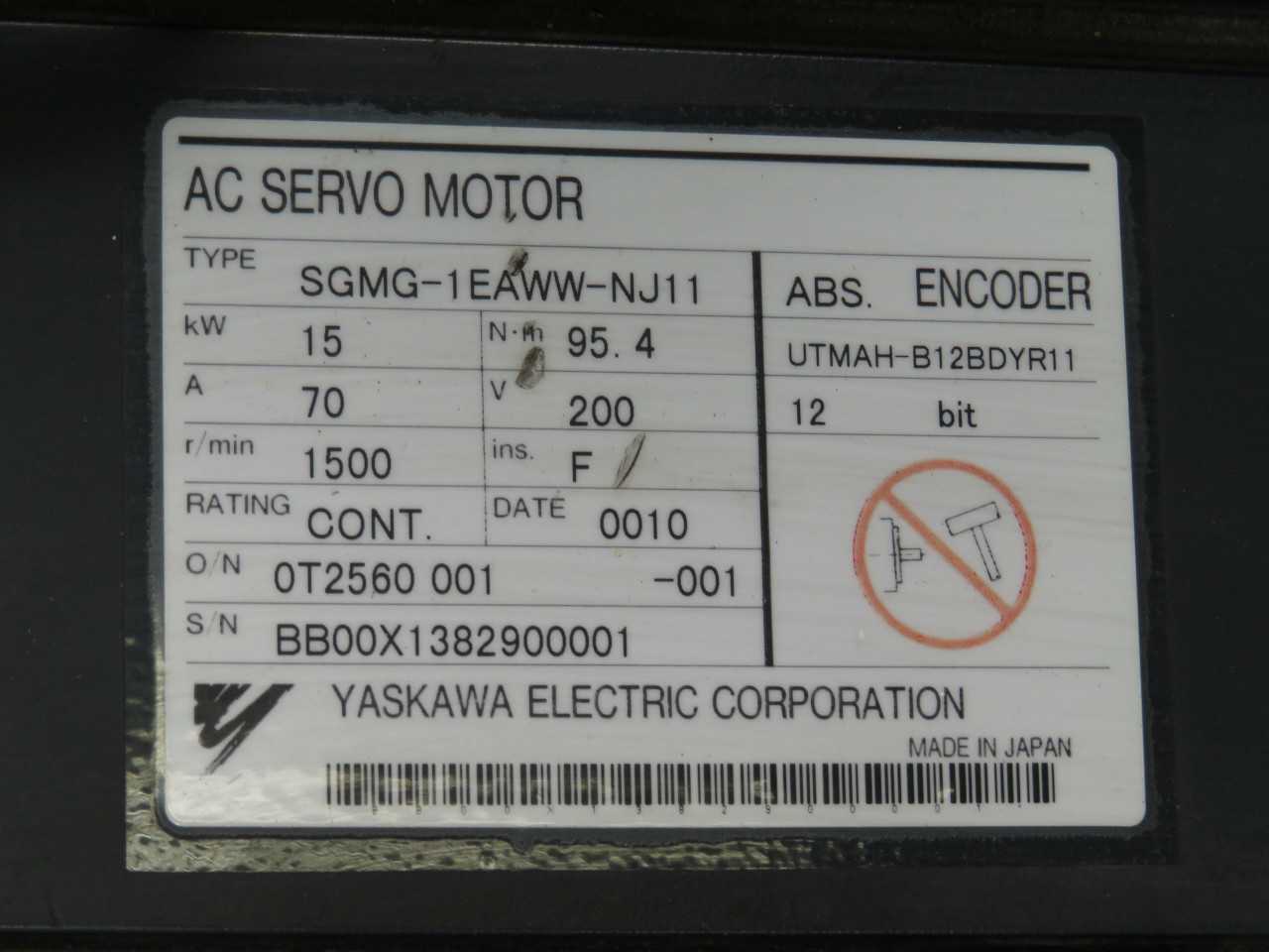 Yaskawa SGMG-1EAWW-NJ11 Servo Motors, 15.0 kW Power, 71.6 Nm Rated Torque, 2000 R/min Rated Speed - SERVO