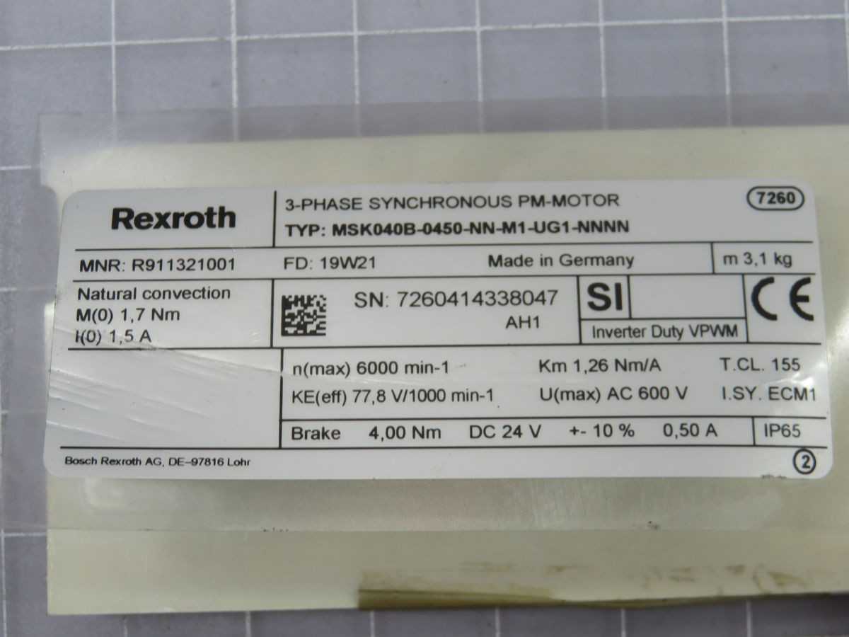 REXROTH R911321001 3-PHASE SERVO MOTOR, 1.4KW POWER, 4.5NM TORQUE, 3000 RPM - SERVO
