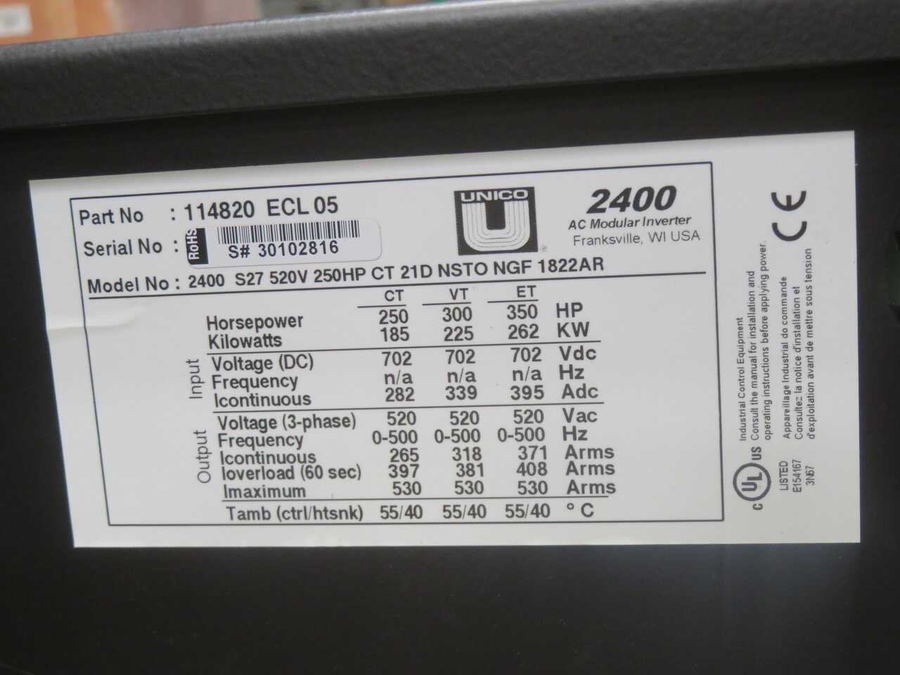 UNICO 2400 S27 INVERTER, 520V OPERATION, 250 HP POWER - MOTOR DRIVES
