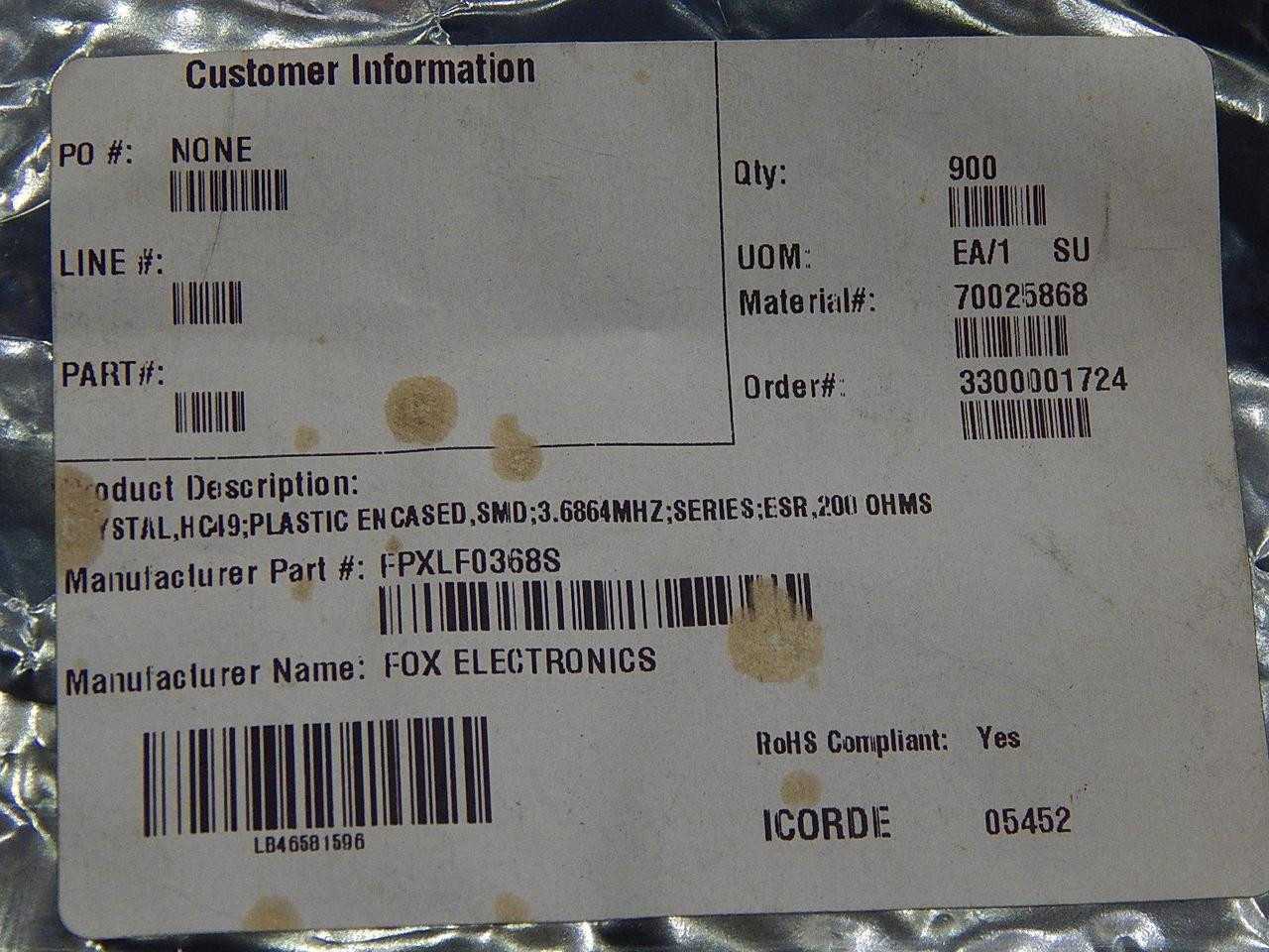 LOT OF 900 FOX FPX0368 FPXLF0368S CRYSTALS 3.6864MHZ 20PF - ELECTRONIC COMPONENTS