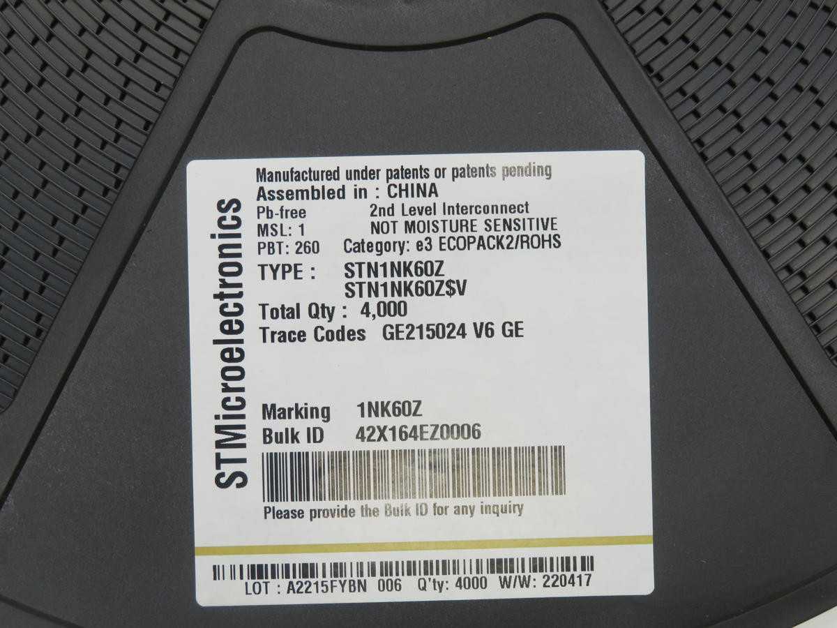 LOT OF 4000 STMICROELECTRONICS STN1NK60Z A2215FYBN MOSFET N-CH 600 VOLT 0.25A ZENER SUPERMESH - ELECTRONIC COMPONENTS