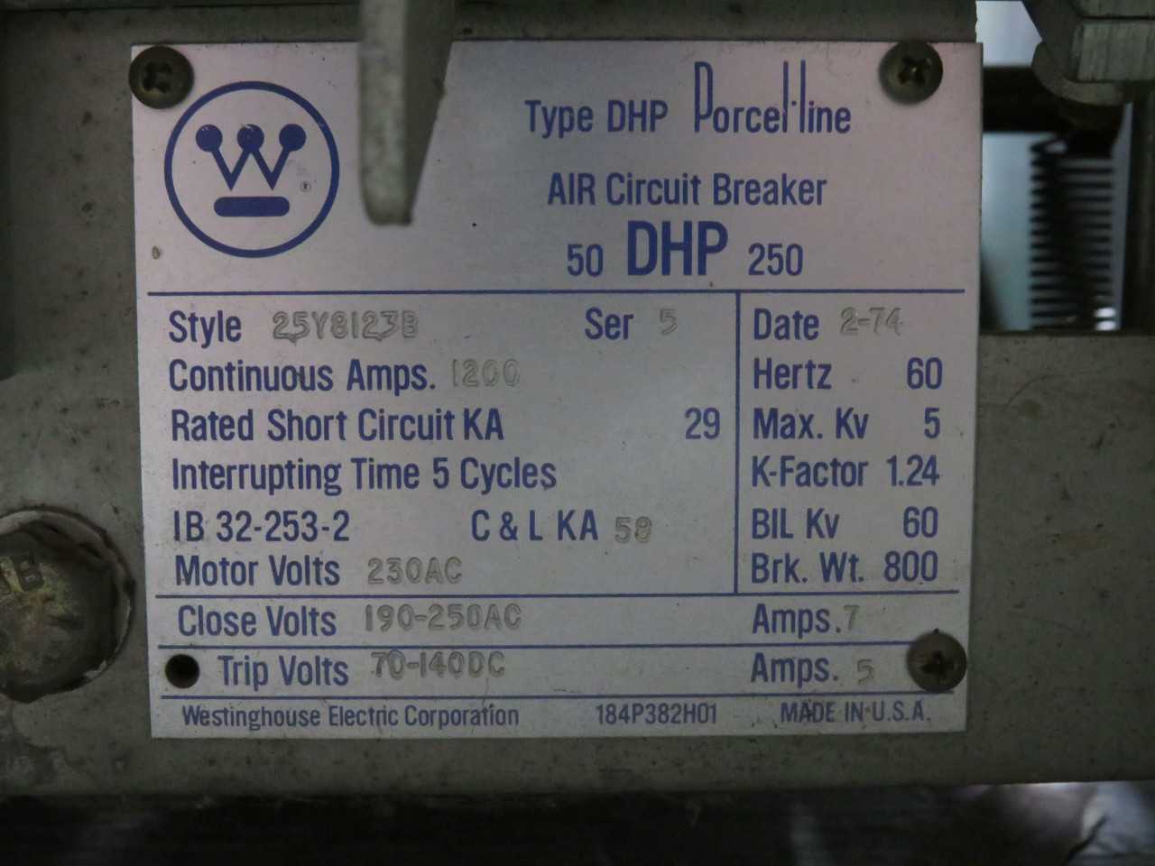 WESTINGHOUSE 25Y8123B AIR CIRCUIT BREAKER, 250 VAC OP VOLTAGE, 7 A CURRENT - CIRCUIT BREAKERS